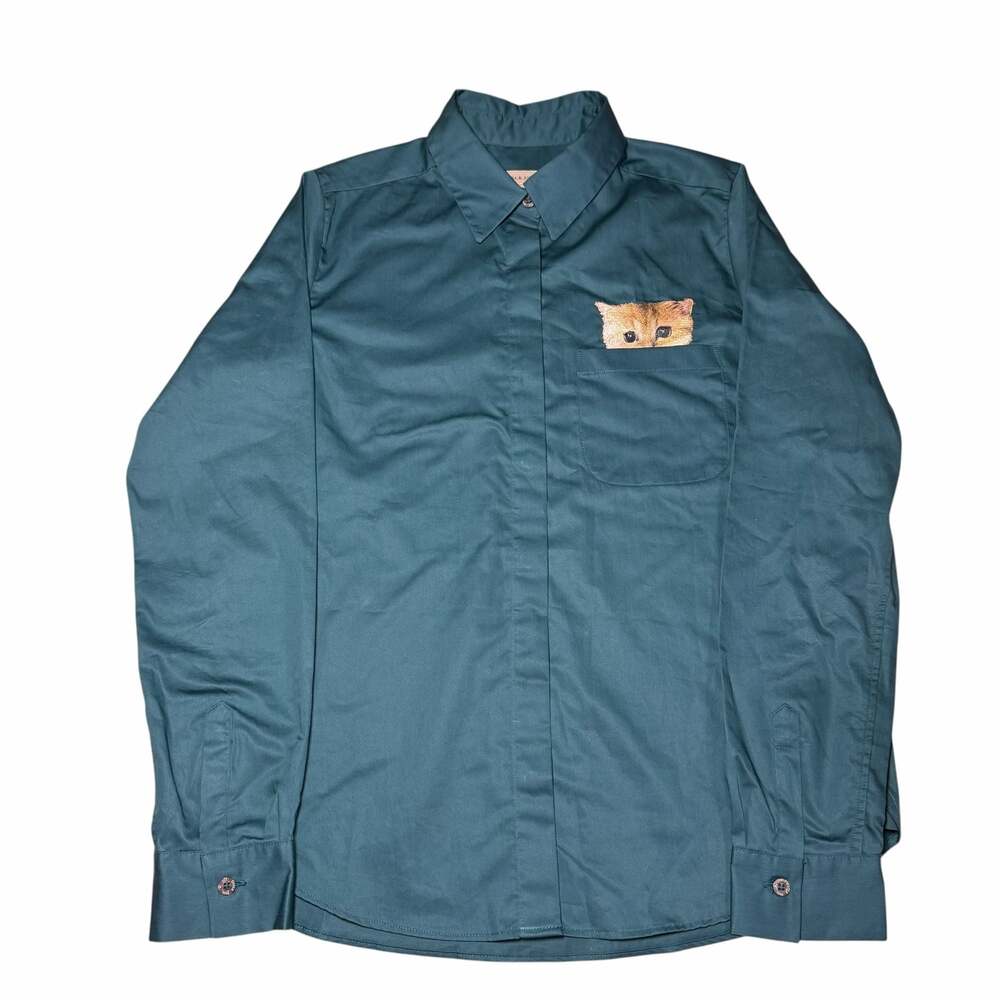 Paul & Joe Sister Teal Green Cat Peekaboo Pocket Long Sleeve Button Down Size 0